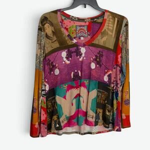 Johnny Was Tokyo Favorite Shirt Womens M Colorful Stretchy L/S Boho Asian Doves